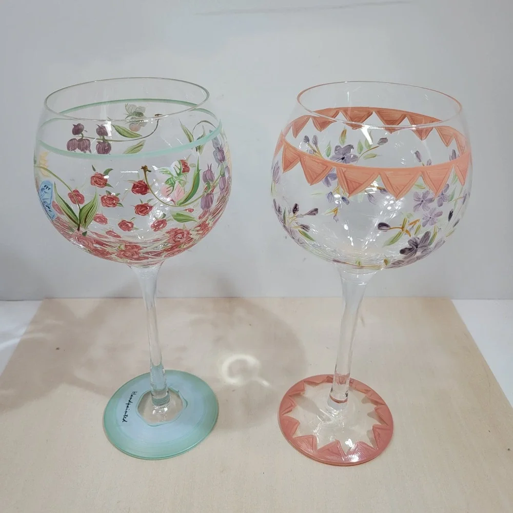 Handpainted Wine Glasses Set of 2‎ Butterflies Roses Floral Design Unique Gift